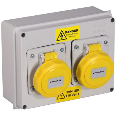 Famatel 16A 2P+E 4h 110V Twin Socket Outlet IP67 Yellow