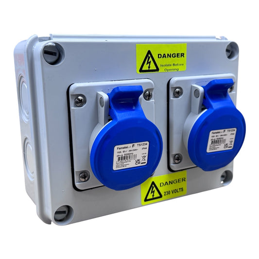 Famatel 16A 2P+E 6h 240V Twin Socket Outlet IP44 Blue