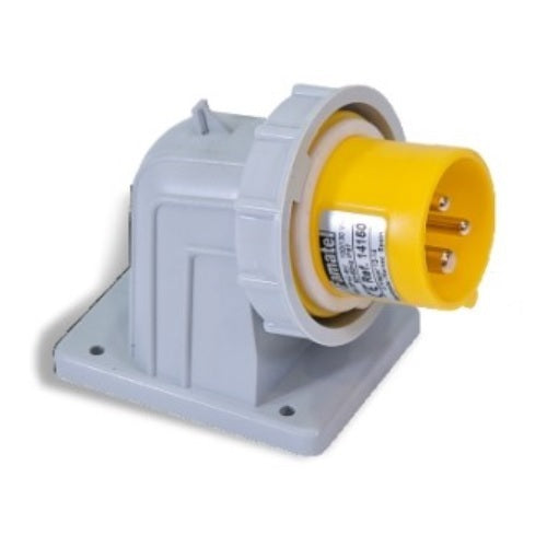 Famatel 16A 2P+E 4h 110V Angled Surface Appliance Inlet IP67 Yellow