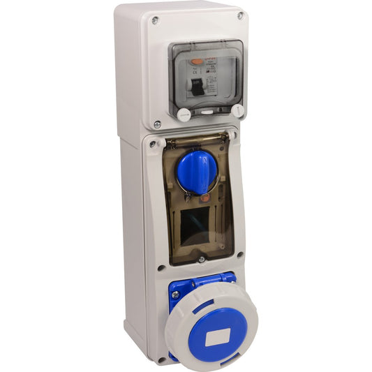 Famatel 63A 2P+E 6h 240V RCD Vertical Switched Sockets c/w 80A 30mA DP RCD IP67 Blue