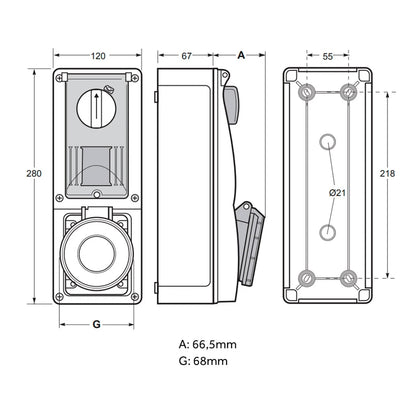 Famatel 16A 3P+E 6h 415V Vertical Switched Sockets IP44 Red