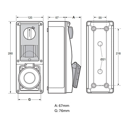 Famatel 32A 3P+E 6h 415V Vertical Switched Sockets IP44 Red