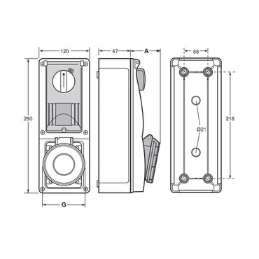 Famatel 32A 3P+E 6h 415V RCD Vertical Switched Sockets c/w 40A 30mA 4P RCD IP44 Red
