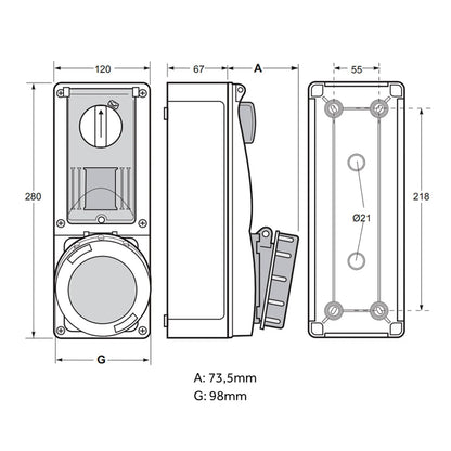 Famatel 32A 3P+N+E 6h 415V Vertical Switched Sockets IP67 Red