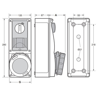 Famatel 32A 3P+N+E 6h 415V RCD Vertical Switched Sockets c/w 40A 30mA 4P RCD IP67 Red