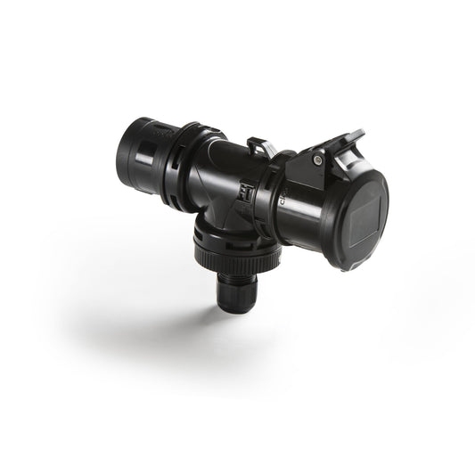 Famatel T-Power 1 x 16A 2P+E 6h 240V Plug to 1 x 16A 2P+E 6h Coupler c/w 1 Gland IP65 Black