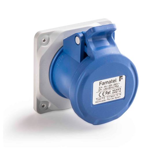 Famatel 32A 2P+E 6h 240V Straight Panel Socket IP44 Blue
