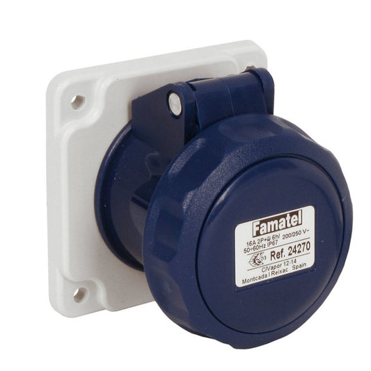 Famatel 16A 2P+E 6h 240V Straight Panel Socket IP67 Blue