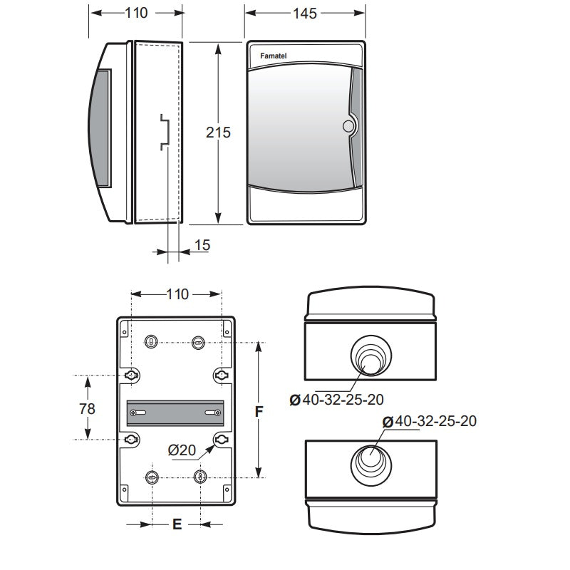 Famatel Acqua 390 Wall Mounted Enclosure 215mm x 145mm x 110mm ABS IP65 Black 4 Modules