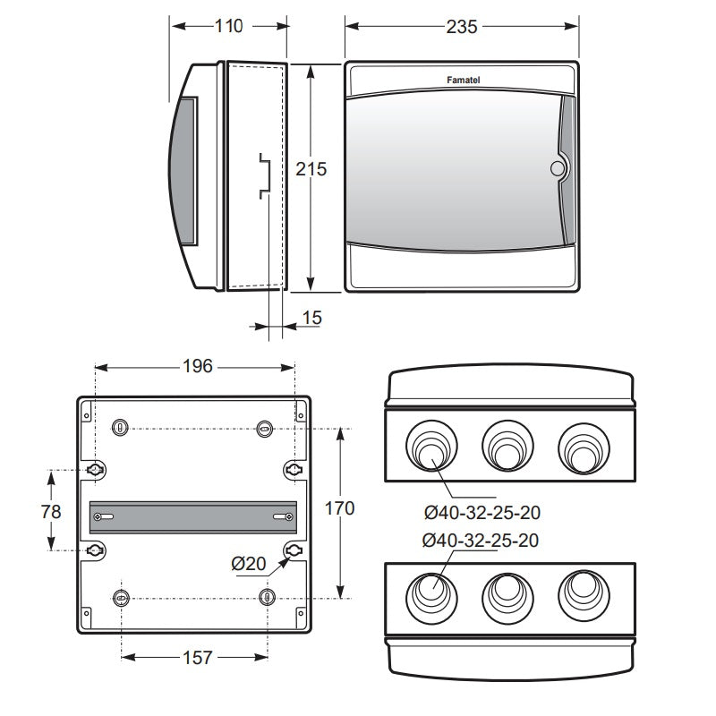 Famatel Acqua 390 Wall Mounted Enclosure 215mm x 235mm x 110mm ABS IP65 Black 8 Modules
