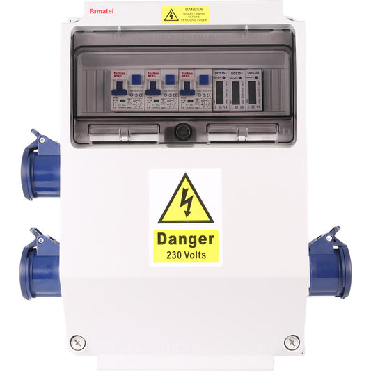 Famatel 17th Edition Caravan Hook Up 3 x 16A 2P+E Socket 3 x 10A RCBO DP 30mA 3 x MID Approved Meter
