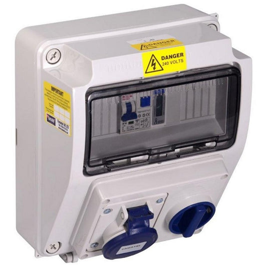 Famatel Compact 18th Edition Caravan Hook Up 1 x 16A 2P+E Switched Interlocked Outlet c/w 1 x 10A DP 30mA RCBO 1 x MID Approved Meter