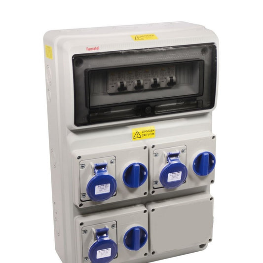 Famatel 18th Edition Caravan Hook Up 3 x 16A 2P+E Switched Interlocked Outlet c/w 3 x 10A DP 30mA RCBO 3 x MID Approved Meter