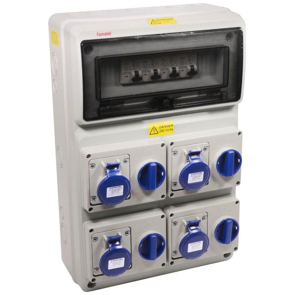 Famatel 18th Edition Caravan Hook Up 4 x 16A 2P+E Switched Interlocked Outlet c/w 4 x 16A DP 30mA RCBO 4 x MID Approved Meter