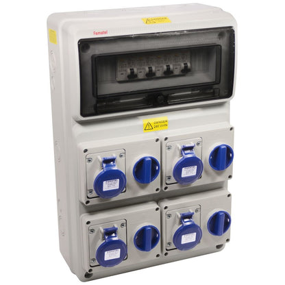 Famatel 18th Edition Caravan Hook Up 4 x 16A 2P+E Switched Interlocked Outlet c/w 4 x 16A DP 30mA RCBO 4 x MID Approved Meter