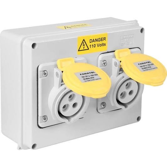 Famatel 16A 2P+E 4h 110V Twin Socket Outlet IP44 Yellow