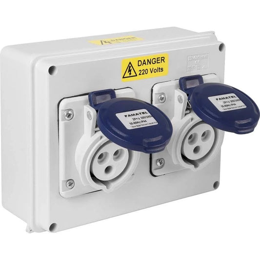 Famatel 32A 2P+E 6h 240V Twin Socket Outlet IP44 Blue